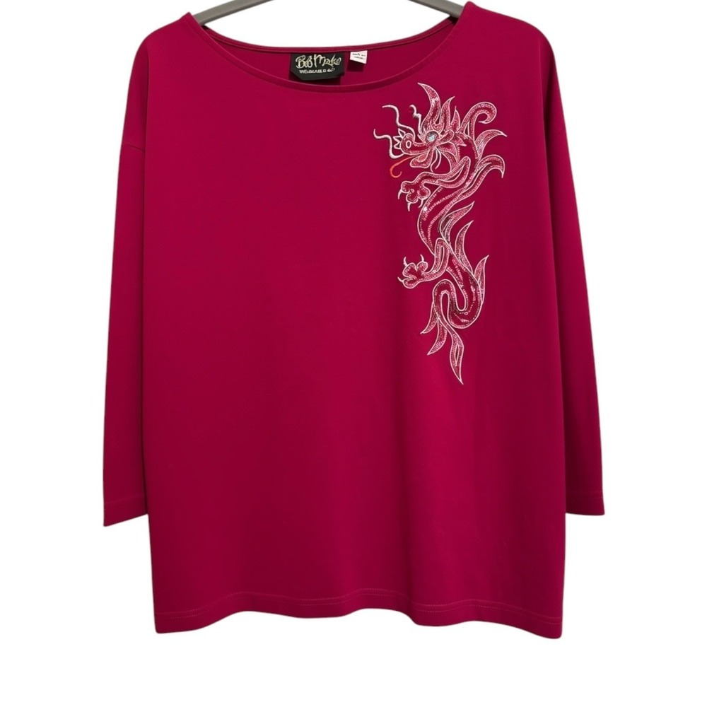 Bob Mackie Red Top Women Large Dragon Sequin Wearable Art 3/4 Sleeve Shirt Artsy